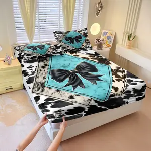 3Pcs Elegant Black and White Cowhide Pattern Fitted Sheet Set, Featuring Overlapping Diamonds and a Turquoise Center, Adorned with a Glossy Black Bow Tie, Soft and Durable Fabric, Stylish Bedroom Upgrades! Includes 2 Pillowcases, No Pillow Core