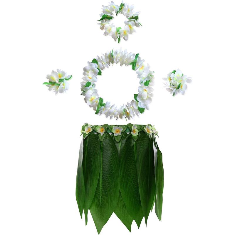 Leaf Hula Skirt and Hawaiian Leis Set Grass Skirt with Artificial Hibiscus Flowers for Hula Costume and Beach Party Womenswear Clothes