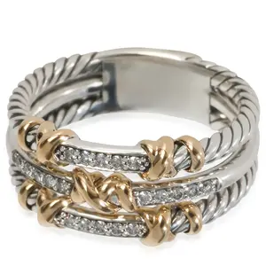 Pre-owned NY155039 David Yurman Yellow Gold And Sterling Silver Diamond Petite Helena 3 Row Ring