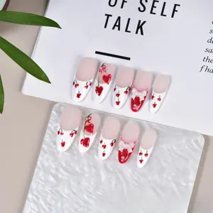 Cherry Pattern Fake Nails with Nail File & Tape & Stick, 10pcs/set Long Square Press on Nails for Women & Girls DIY Nail Art, Elegant Stick on Nails Kit