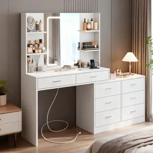 Large Vanity Desk 63.5" Modern Corner Makeup Table with Adjustable LED Mirror 8 Drawers & Open Shelves for Bedroom Storage & Cosmetics Organization