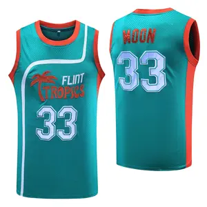 Flint Tropics Jackie Moon #33 Coffee Black #7 Semi Pro 90s Hip Hop Clothes for Party Men Basketball Jersey Green White High Quality Polyester Mesh Breathable Fabric Loose Fit