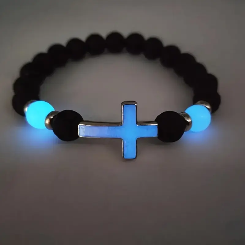 Unisex Vintage Volcano Stone Night Glow Bracelet, Multicolored Glowing Cross Bead Costume Jewelry