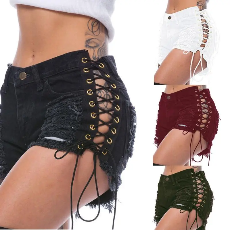 Side-Ripped Stretch Shorts |                 Summer Hotpants |                 Denim Cuts |                 Adjustable Grommet Belt & Butt-Lifting Womenswear Apparel