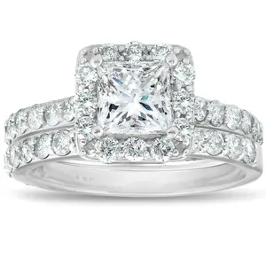 2 1/2 Ct Halo Princess Cut Diamond Engagement Wedding Ring Set 14k White Gold