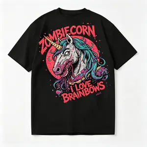 Mens Zombie Unicorn Halloween Graphic Heavy Cotton 7.05 oz Short Sleeve T Shirt Soft Breathable And Loose Retro Western Theme Shirt with Cowboy Cactus And Pumpkin Lantern Perfect for Autumn Winter Streetwear Western Theme Parties Ch