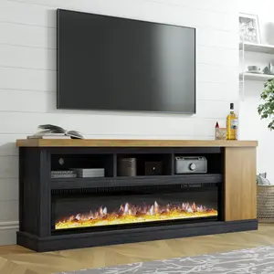 VanAcc 75” Fireplace TV stand w 60” Electric Fireplace,Chunky Entertainment Center with Wood Grain,Color Clash Entertainment Stand for TVs up to 85”