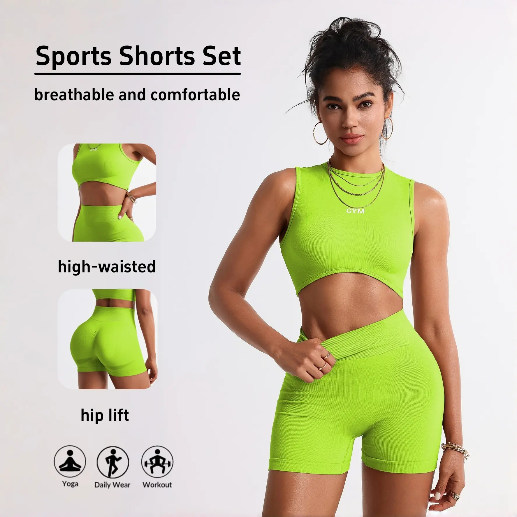 TCVC Women's New Sports Vest & Shorts Set, Seamless Knit Tank Top, High-Waist Hip-Lifting Yoga Shorts, Sexy Style For Running, Cycling, Fitness, Daily & Commute, Spring Summer Fashion