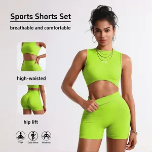 TCVC Women's New Sports Vest & Shorts Set, Seamless Knit Tank Top, High-Waist Hip-Lifting Yoga Shorts, Sexy Style For Running, Cycling, Fitness, Daily & Commute, Spring Summer Fashion