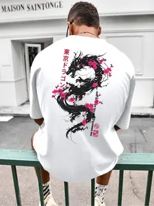 Men's Dragon & Cherry Blossom Print Short Sleeve Graphic Tee, Regular Fit Casual Comfy Round Neck T-shirt for Summer, Men's Top for Daily Wear, Menswear Streetwear