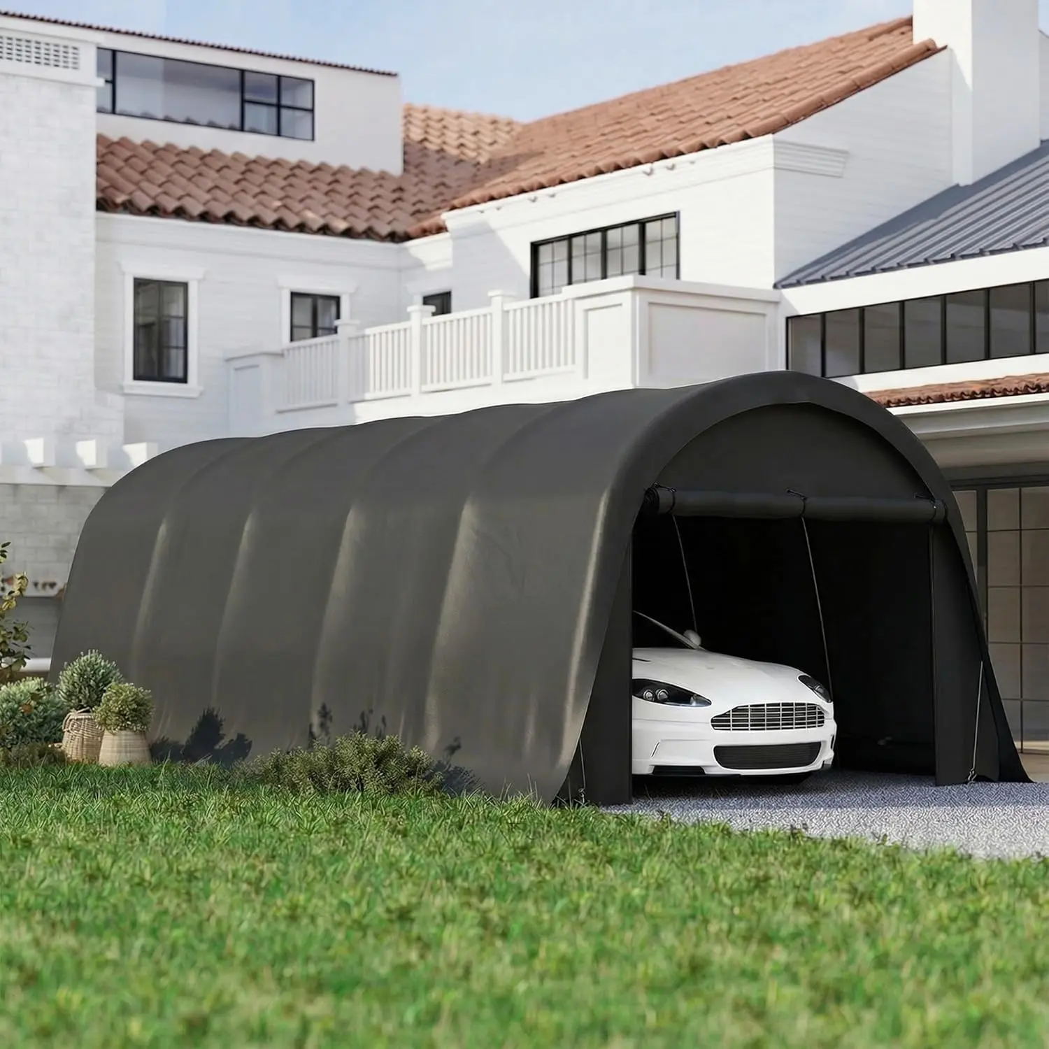 Crestholm 12' x 23.6' Heavy Duty Enclosed Carport, Galvanized Steel Frame with UPF50+ PE Cover, 102" Roll-Up Door, Windproof Level 5 for Cars, Trucks, Boats, Motorcycles