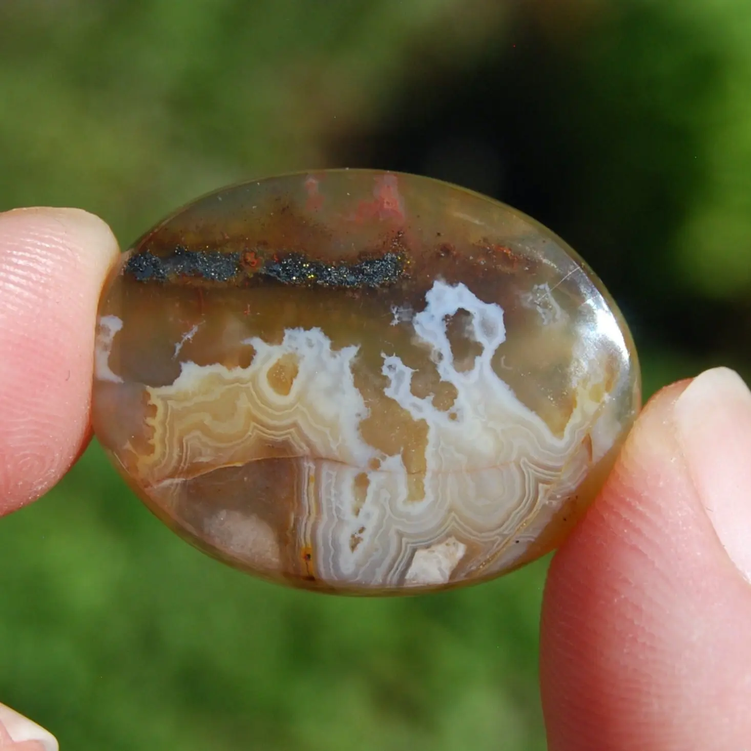 28mm Cafe au Lait Plume Agate Cabochon, Indonesian Agate Pyrite Oval Cab a16