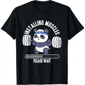 100% Cotton Printed Street-Style T-Shirt Muscle Building Fitness Panda Weight Lifting Barbell Workout T-Shirt