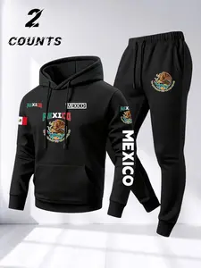 Men's Loose Fall Winter Set, Hoodie and Pants 2 Piece, Street Fashion Style, Mexican Flag Letter Design, Comfortable Daily Wear, Long sleeves