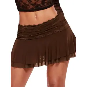 Women's Summer Lace Patchwork Mini Skirt | Casual Pleated Low Rise Style | Trendy Layered Beach Skirt