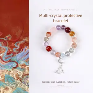 [Multi Treasure Crystal] crystal bracelet, black gold super seven green phantom white crystal blue chalcedony sunstone rose quartz amethyst, unisex, daily wear gift, 10mm beads natural stone, all round good luck symbol