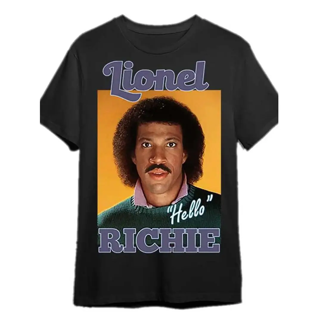 Lionel Richie "Hello" Graphic T-Shirt for Men - Funny Retro Music Tee with Bold Purple Lettering, Loose Fit Short Sleeve, Medium Stretch Fabric, Black Casual Shirt for Concerts & Festivals, Music T Shirts