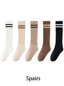 5pairs Simple Retro Double Bar Leg Socks Comfortable and Breathable Stacking Socks Suitable for Women's Daily Leisure, Sports, Commuting Wear