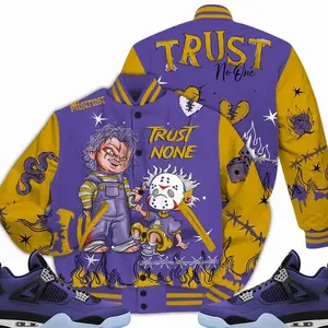 Retro 4 Lakeshow Varsity Jacket, Lakeshow 4s Outfits, Scary Trust No One Unisex T-Shirts To Match Sneakers, Streetwear Style Urban