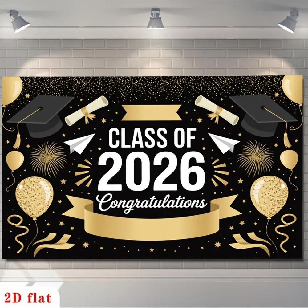 2D Flat Banner polyester photography backdrop, HD digitally printed black and gold graduation theme background cloth featuring "Class of 2026" and "Congratulations" for graduation parties, photo booths, event decor, studio shootin