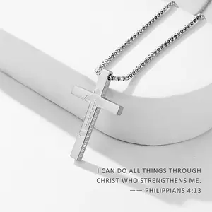 Cross Necklace for Men Silver Stainless Steel Plain Cross Pendant Necklace for Men Box Chain 23 Inch with Philippians 4:13 Verse