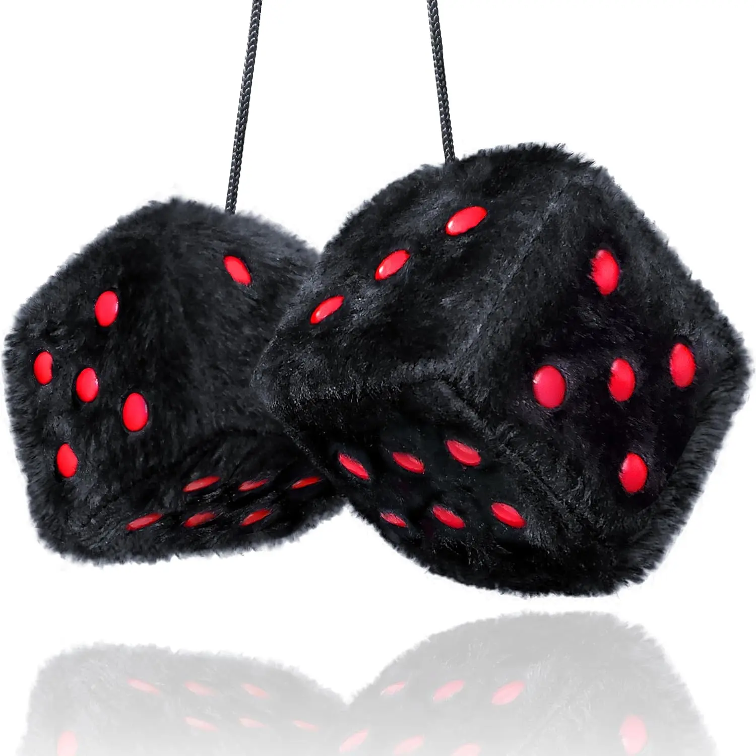 Black Fuzzy Dice for Car - 2.5” Cute Car Accessories for Interior Rear View Mirror Hanging Ornament Decorations - Furry Plush Cool Fun Auto Classic Automotive Aesthetic Retro Decor - Black and Red