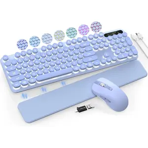Keyboard and  Backlit - Typewriter Keyboard with Retro Round Keycaps, Detachable Wrist Rest, Light Up Letters, 2.4G Rechargeable Combo for , Windows, PC, Laptop,  ()