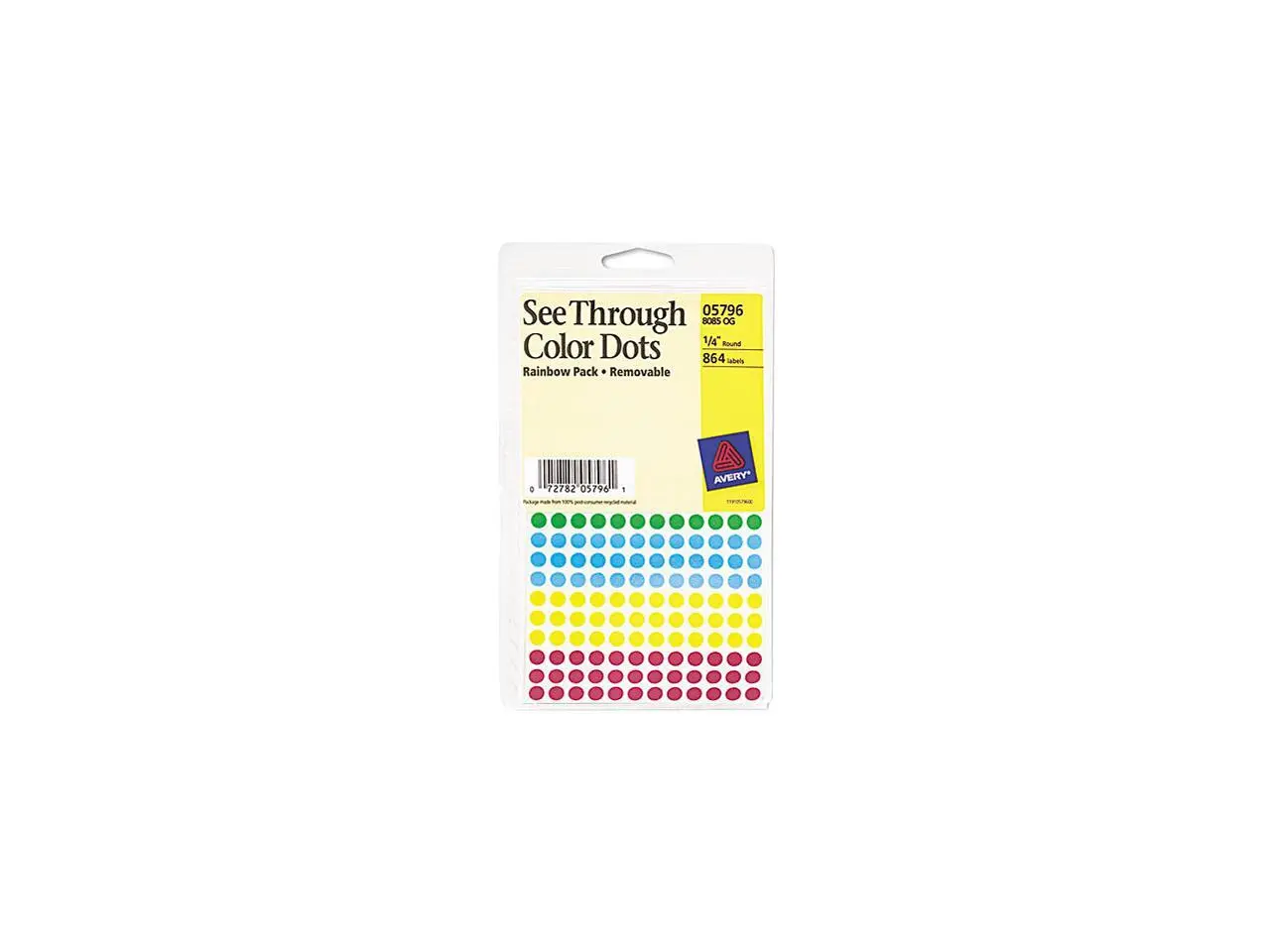 Avery 05796 See-Through Removable Color Dots, 1/4" dia, Assorted Colors, 864/Pack