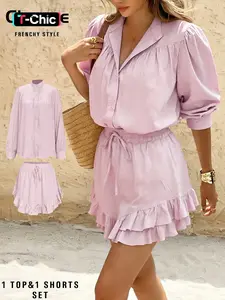 Two-Piece Set Women's Solid Color Loose Long Sleeves Shirt & Skort Set, Elegant Fashion Casual Outfits for Daily Outdoor Wear, Women's Clothes for Summer