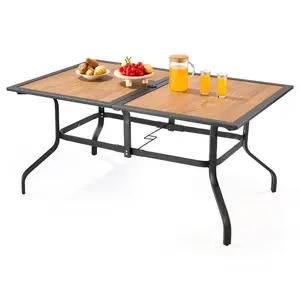 summervibes VEVOR Outdoor Patio Dining Table, 59 inch Long Rectangular Wood-Like Steel Slat Backyard Bistro Tables for 4-6, with 1.5 in Umbrella Hole, All-Weather Large Furniture for Lawn Garden Porch, Brown