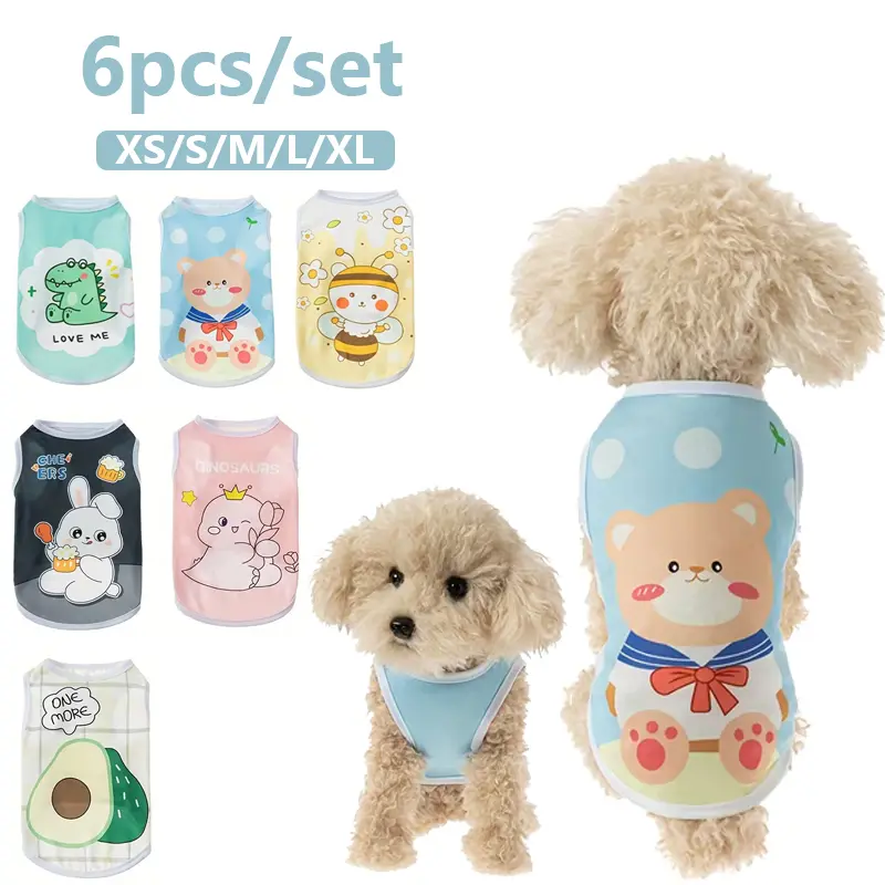 6-Pack Cute Cartoon Print Dog Shirts Breathable 100% Polyester Pet Vests for Small Breeds Non-Woven Pullover Puppy Clothes for Spring Summer