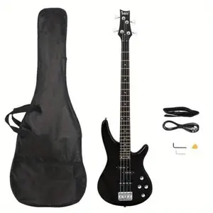 Glarry GIB Full Size 4-String Electric Bass Guitar - Adjustable Bridge, Brazilian Rosewood Fingerboard, Black with Gig Bag & Strap - Acoustic/Electric Compatible for Beginners & Professionals