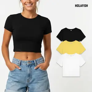 Holafish Summer Womens Soft Crop Top High-stretch Tshirt Plain Solid Color Lightweight Tees Hot Girl Summer Outfit Y2K Streetwear Casual Fashion Comfortable Breathable Slim Fit Everyday Essential