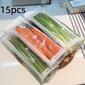 15 Counts Long Pe Kitchen Food Storage Bags with Snap Closure, Airtight Seal for Fruits Vegetables Meat Grains, Transparent Durable Disposable Containers, Airtight Leakproof