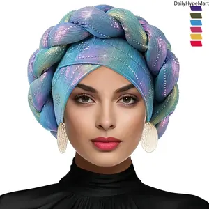 Chunky Braid Headwrap - Holographic Spliced Cap Headband, Sparkly Rhinestone Ethnic Accessory for Daily Wear