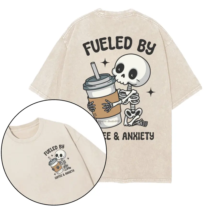 Fueled by Coffee & Anxiety Printed Gym Shirt Gym Shirt, Gym Shirt, Graphic Gym Shirt, Vintage Washed Tee Contton, Gym Shirt Women, for Men, Full Size, Casual Streetwear Top for Men & Women
