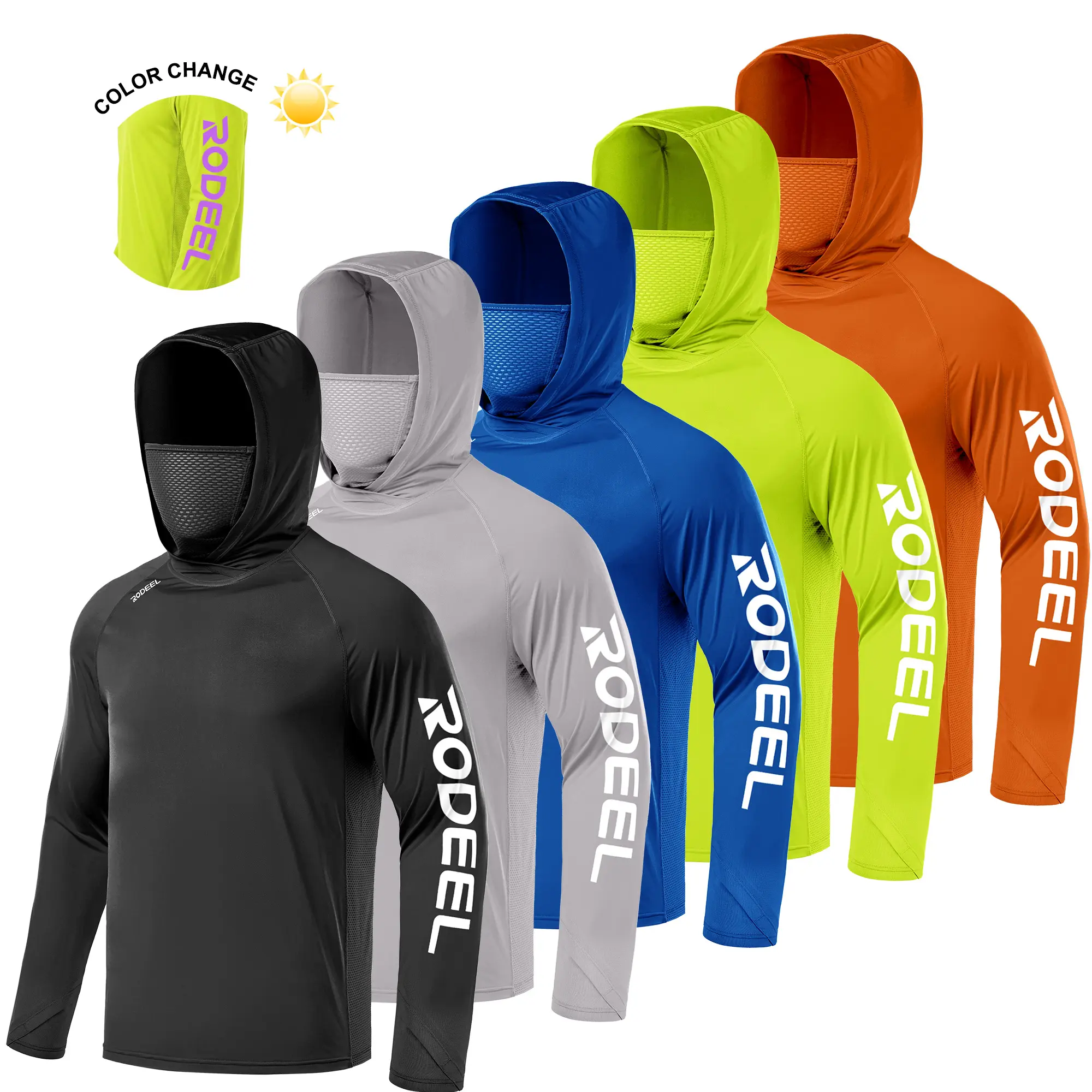 【RODEEL】915S Sun Hoodie Shirt w/ UV Detection Logo Mask Neck Gaiter Thumbhole Men UPF 50+ Sun Protection Long Sleeve Lightweight Quick Dry Moisture Wicking Breathable Athletic Activewear for Outdoor Fishing Boating Construction SummerWins DealsForYouDays