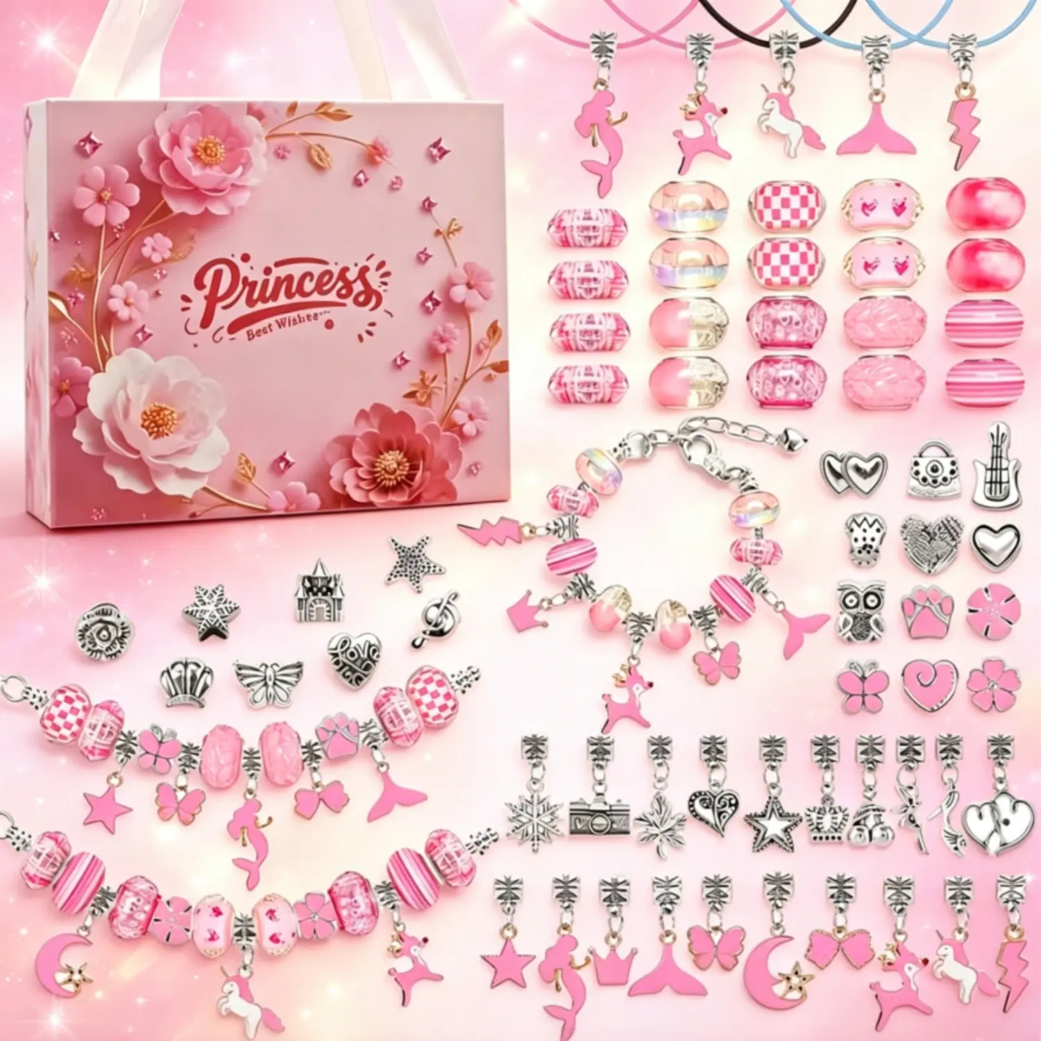 2026New DIY Jewelry Making Kit for Girls 67Pcs Princess Themed Charm Bracelet Supplies with Mermaid Unicorn Beads Adjustable Special Bracelet & Necklace Colorful Jewelry Making Kit Craft Toy Special Girl Gifts for Birthday New-Year and Special Holiday