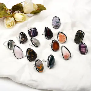 Women's Chunky Silver Rings Pack - 10 Pcs Stackable Fashion Ring Set, Silver Plated Statement Knuckle Handmade Gemstone Gothic Vintage Rings