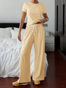 Fisoew Lounge Sets for Women Casual Workout Set Short Sleeve Crop Tops and Wide Leg Sweatpants Tracksuit 2026 Summer
