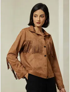 ADOR Women's Suede Fringe Hem Crew Neck Jacket - Coats & Outerwear - Womenswear