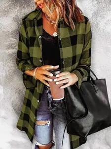 Women's Long Sleeve Plaid Shirt, Button Front Shirts, Mid-Length Casual Buttoned Collared Blouse, Stylish Ladies' Top for Daily Wear, Comfortable and Trendy Design, Casual Comfy Top