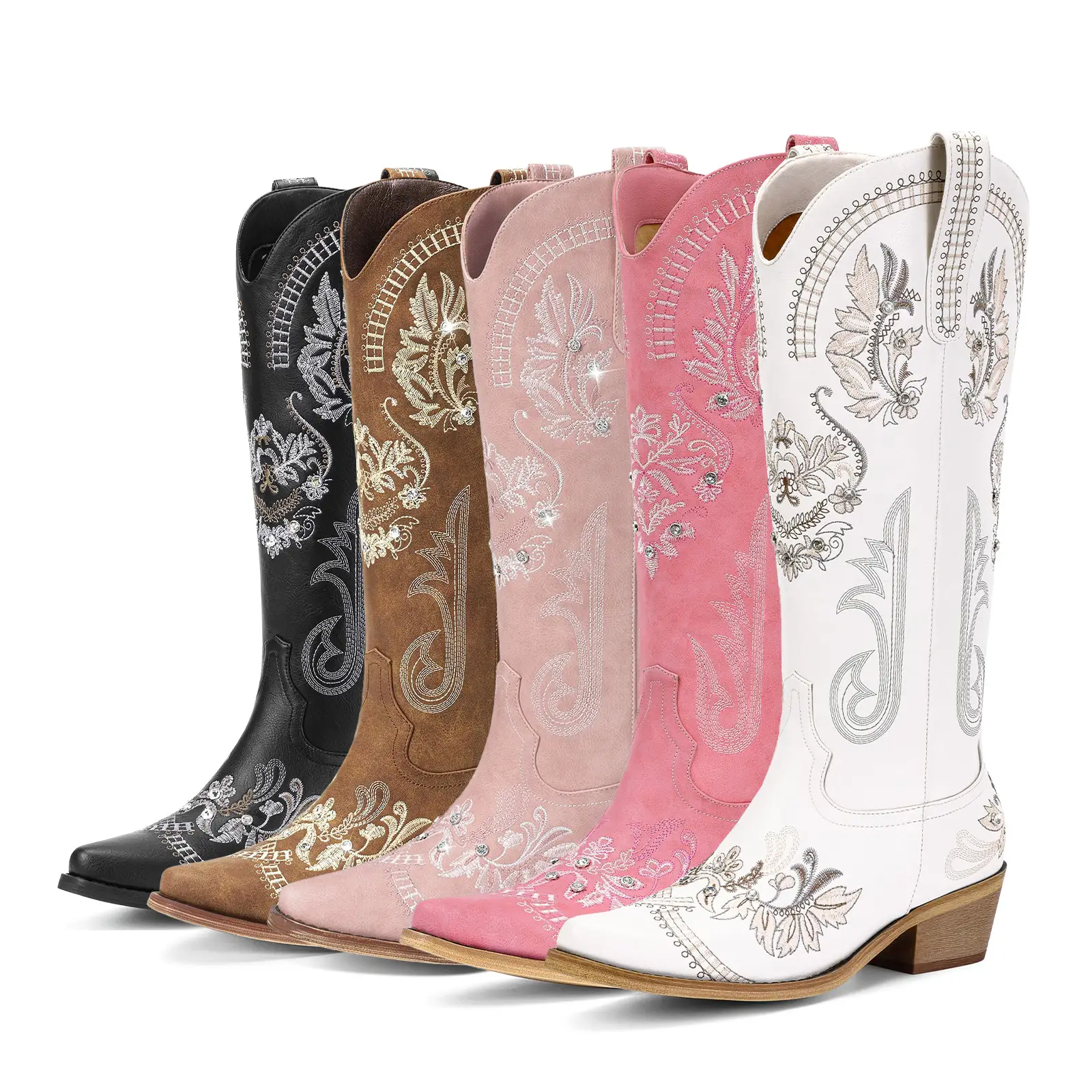 Cowboy Boots for Women - Wide Calf Knee High Western Cowgirl Boots with Classic Embroidered, Sparkly Rhinestone Retro Country Design, Chunky Heel Casu