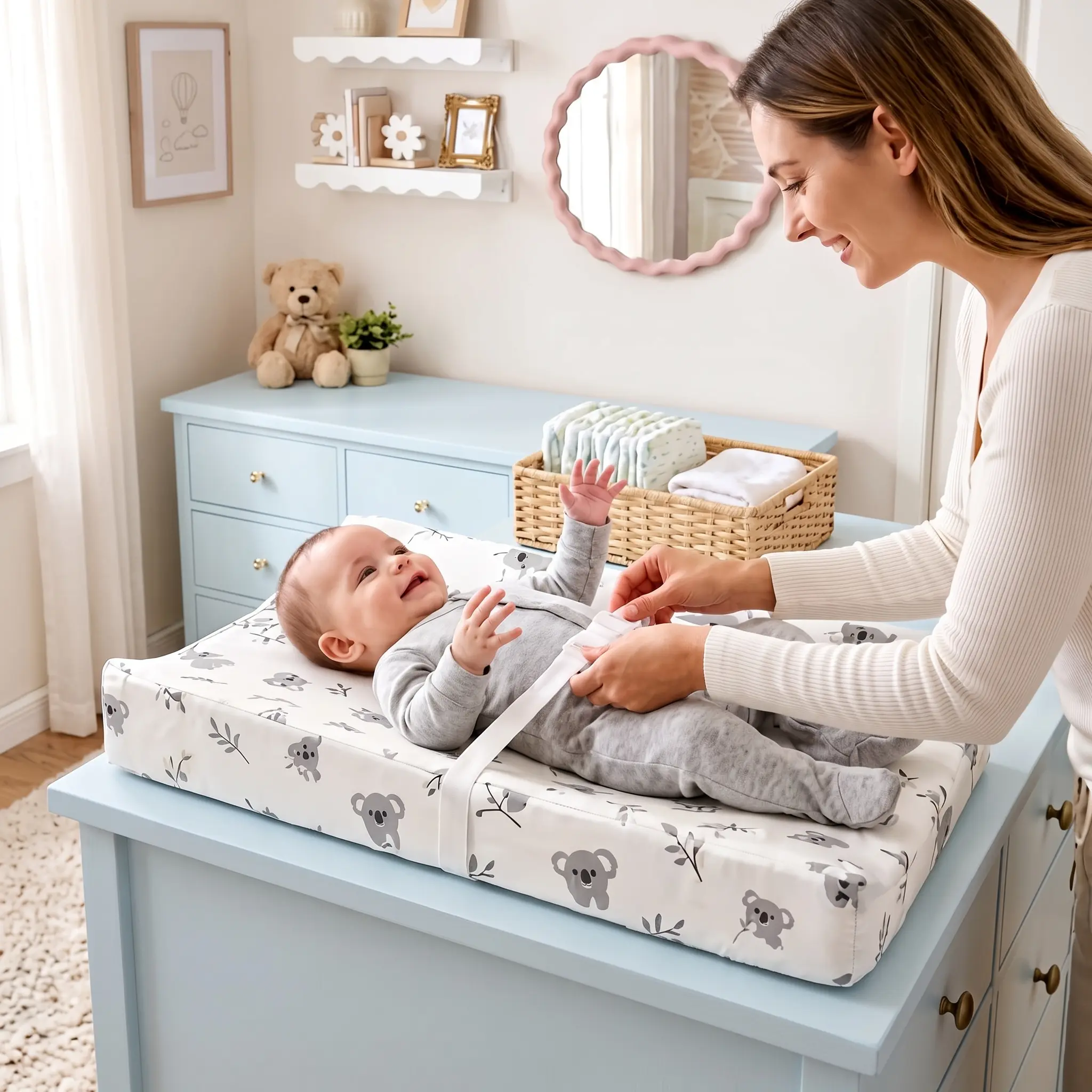 Baby Changing Pad with Secure Safety Strap, Standard Size Cozy Diaper Changing Pad for Dresser And Table, Soft, Wipeable Cover, Safety Strap, Non-Slip Bottom, Topper for Standard Infant Diaper Table & Dresser