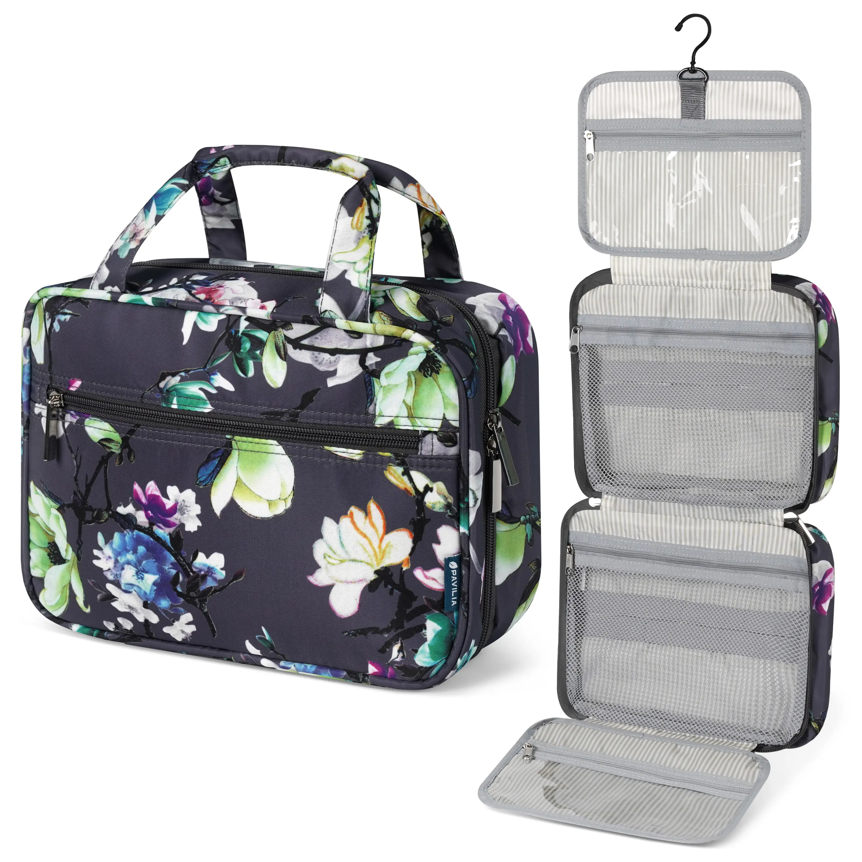 PAVILIA Hanging Toiletry Bag Travel Bag Women Men, Foldable Cosmetic Organizer, Roll up Makeup Bag, Water Resistant Accessories Toiletries, Large Travel Essentials Kit