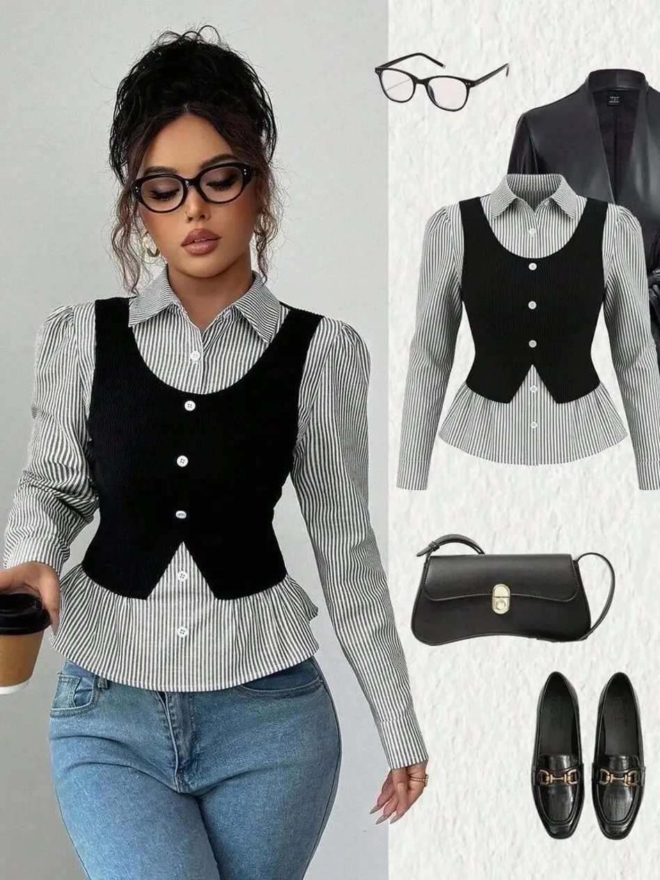 Women's Striped Rib Knit V Neck Blouse, Collared Patchwork Cinched Waist Long Sleeve Top, Elegant Business Casual Office Shirt for Work, Teacher & Fall