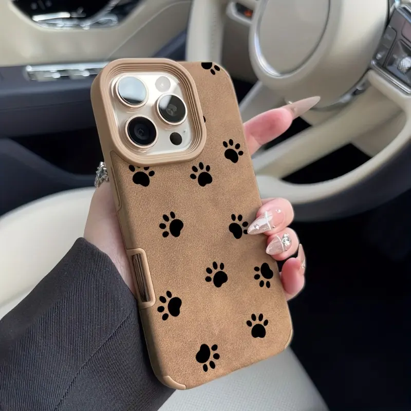 Puppy Paw Prints Designed Pattern Luxury Matte Lambskin Faux Leather Phone Case Soft Case for IPhone 16 15 14 Pro Max 13 12 11 XR XS Plus Shockproof Drop Protection Rugged Durable Silicone Cover