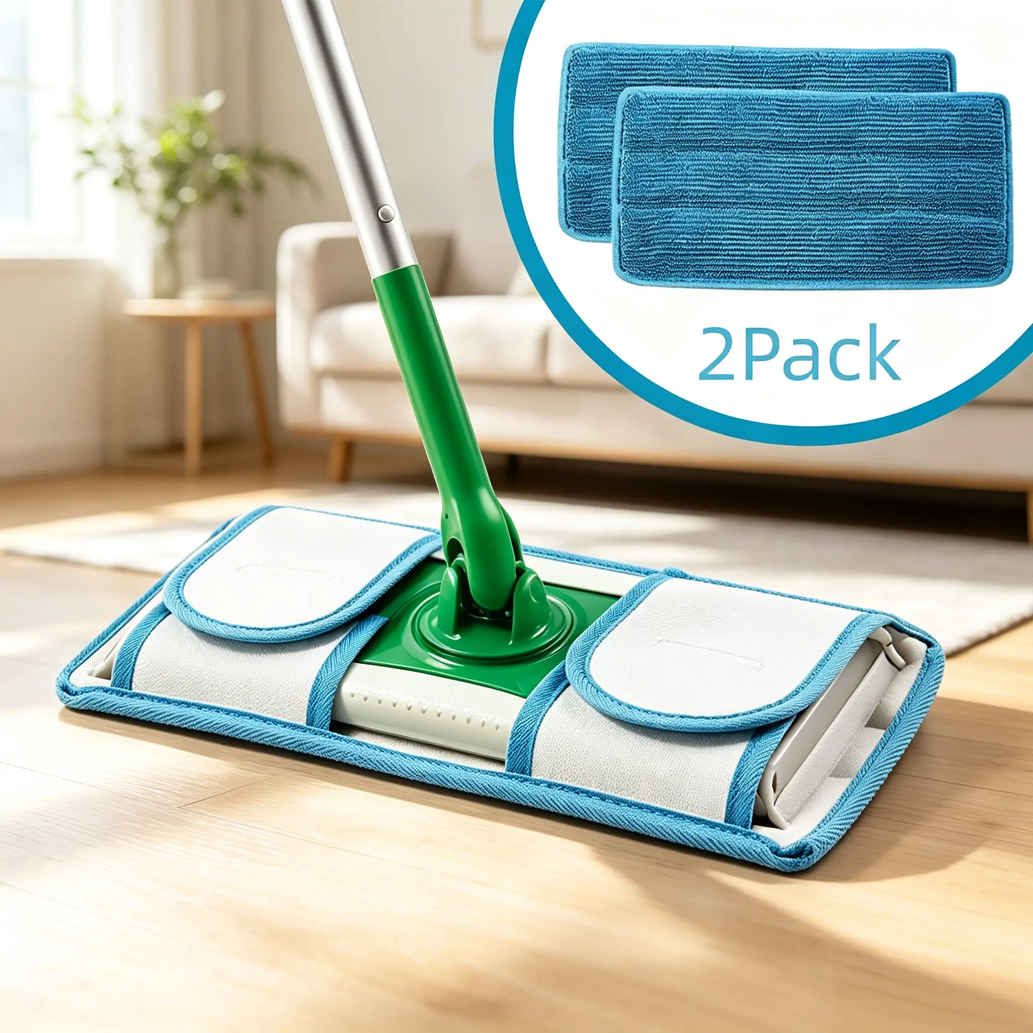 Reusable Microfiber Mop Pad Refills Compatible with Swiffer Sweeper Mop, 12.5 Inch Washable Wet Dry Floor Cleaning Pads, Hardwood Tile Baseboard Reusable Replacement Mop Cloths（2Pcs)