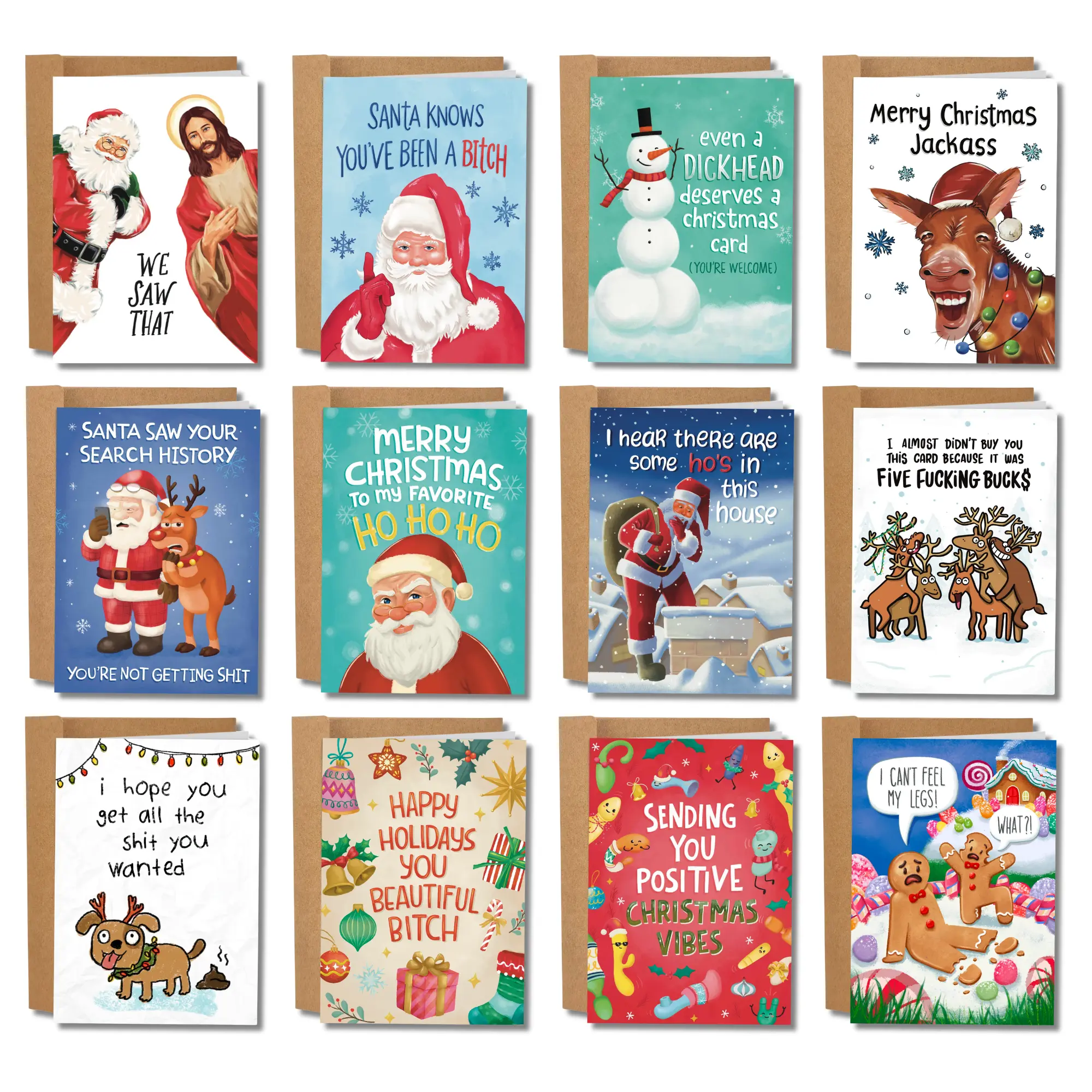 Sleazy Greetings 12-Pack Funny Humorous Adult Christmas Cards - Durable Cardstock, Large Size, Blank Inside, Funny Designs, Envelopes, Office Stationery Supplies, Holiday Cheer