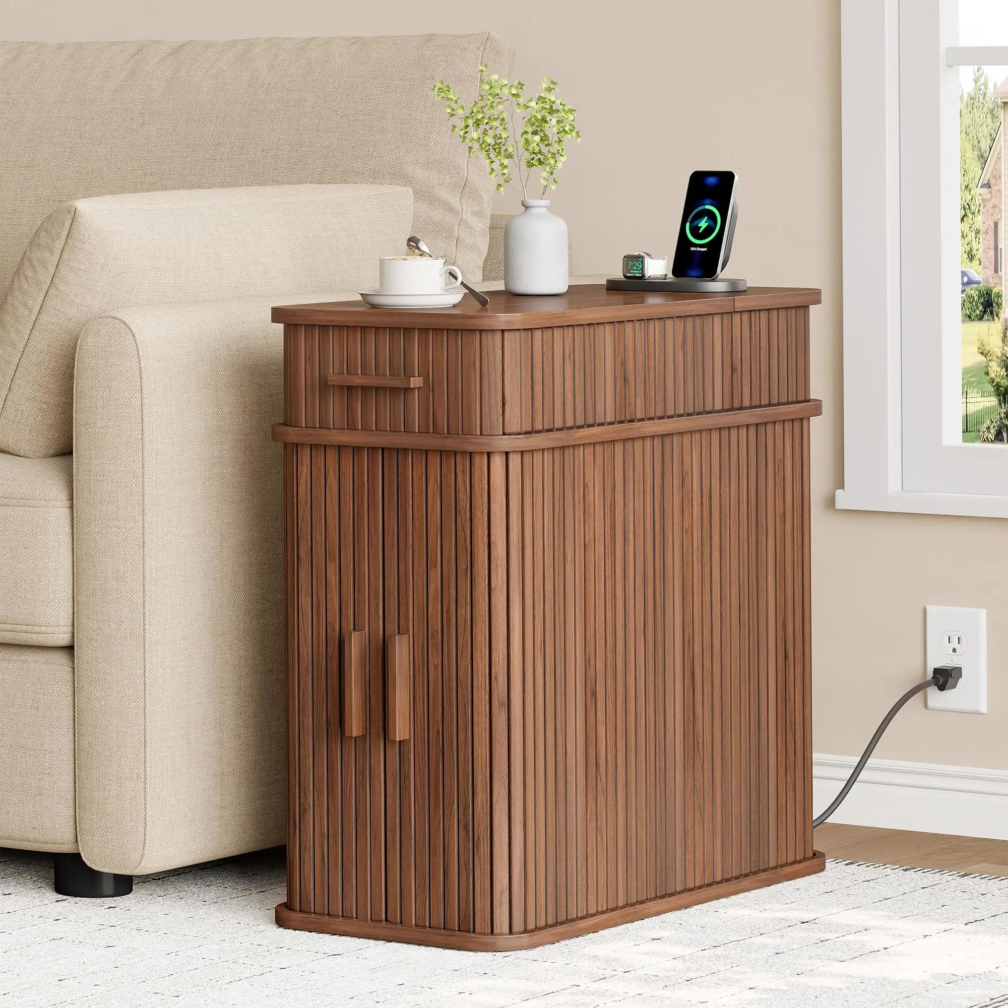 【SummerFinds】ONBRILL Fluted End Table with Charging Station, Narrow Side Table with Drawers, Skinny Nightstand with Storage, Mid-Century Modern Bedside Tables for Small Space Living Room Sofa Couch, Patent Pending